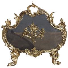 French Brass Cherub and Floral Free Standing Fire Screen, Circa 1820 