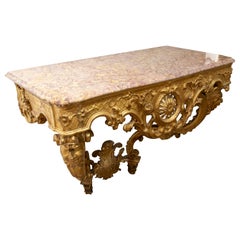 Antique Neoclassical Console Table in Gilded Wood and Natural Marble Top of Vernos