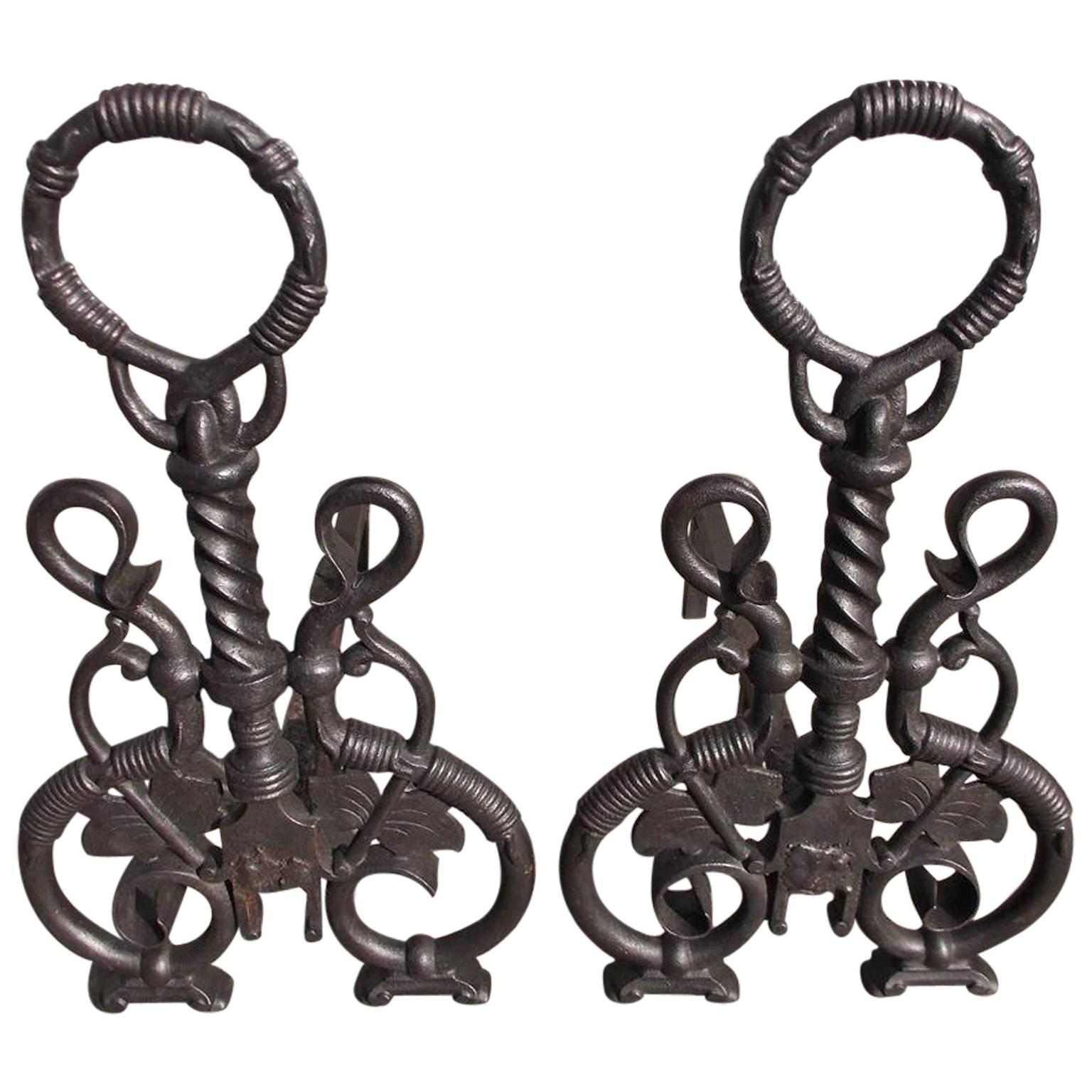 Pair of American Cast Iron Ring Finial and Vine Andirons, Circa 1850 For Sale