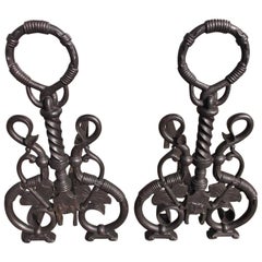 Pair of American Cast Iron Ring Finial and Vine Andirons, Circa 1850