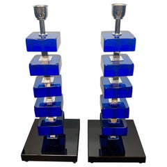 Alberto Donà Mid-Century Modern Blau Zwei Murano Glas Tischlampen 2024