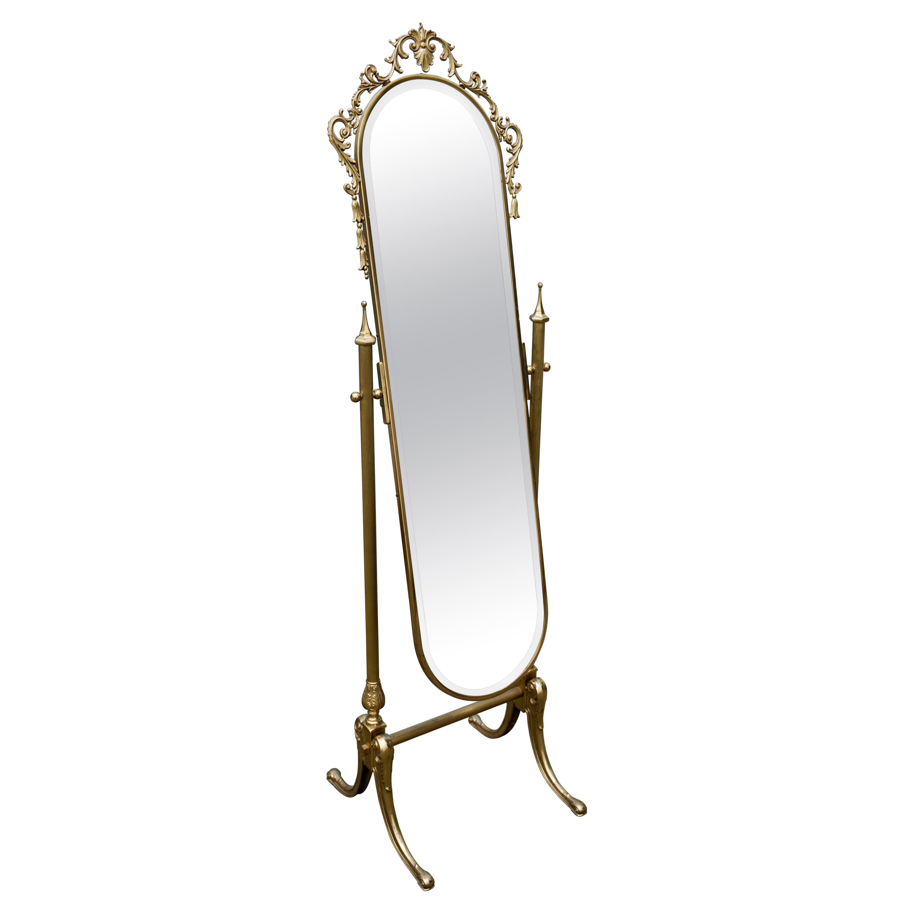 Specchio da terra in ottone vintage con vetro sfaccettato e decorazioni ornamentali