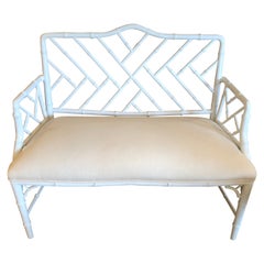 Vintage Classic White Painted Bamboo Chippendale Style Loveseat Settee