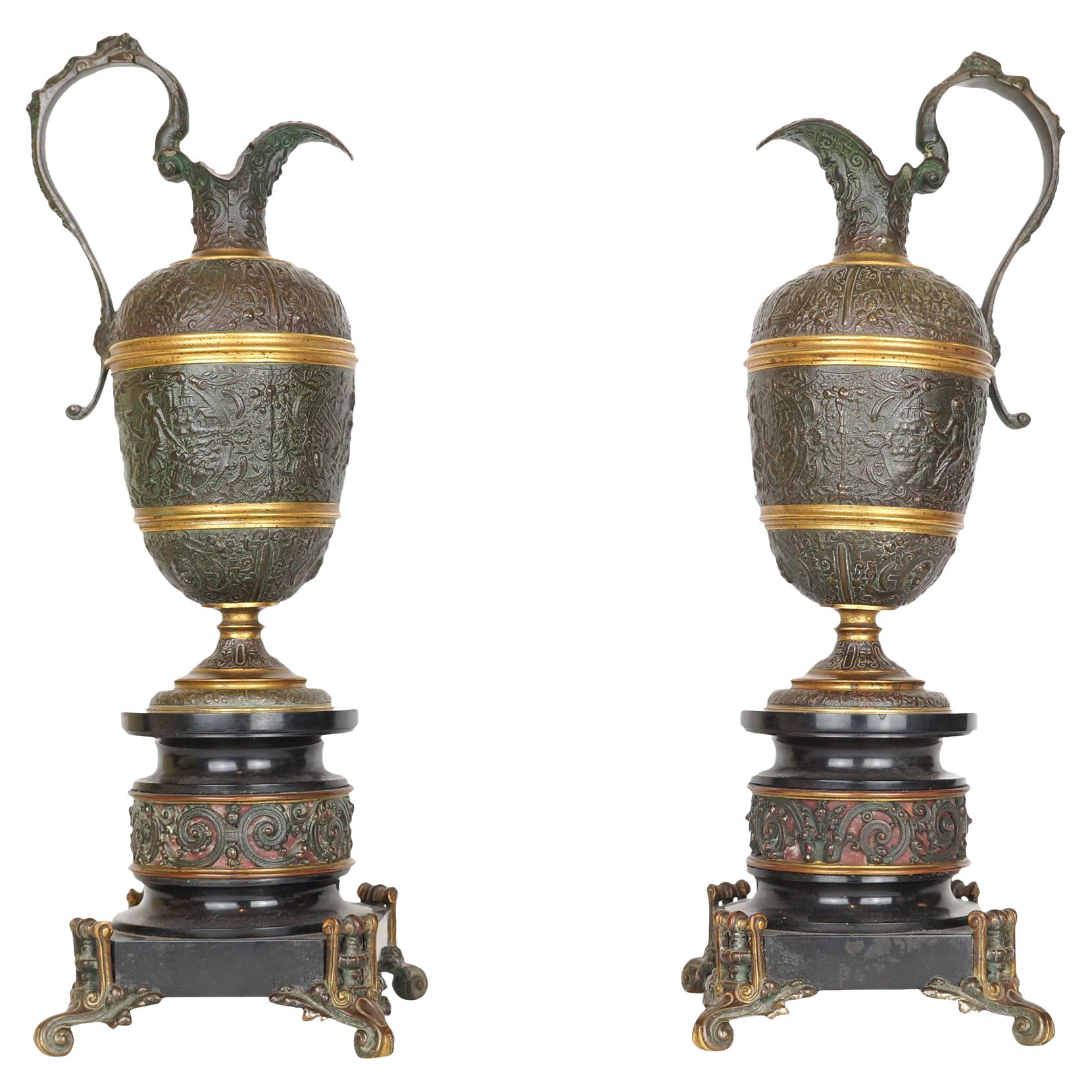Pair of Bronze and Marble Neoclassical Pitchers  For Sale