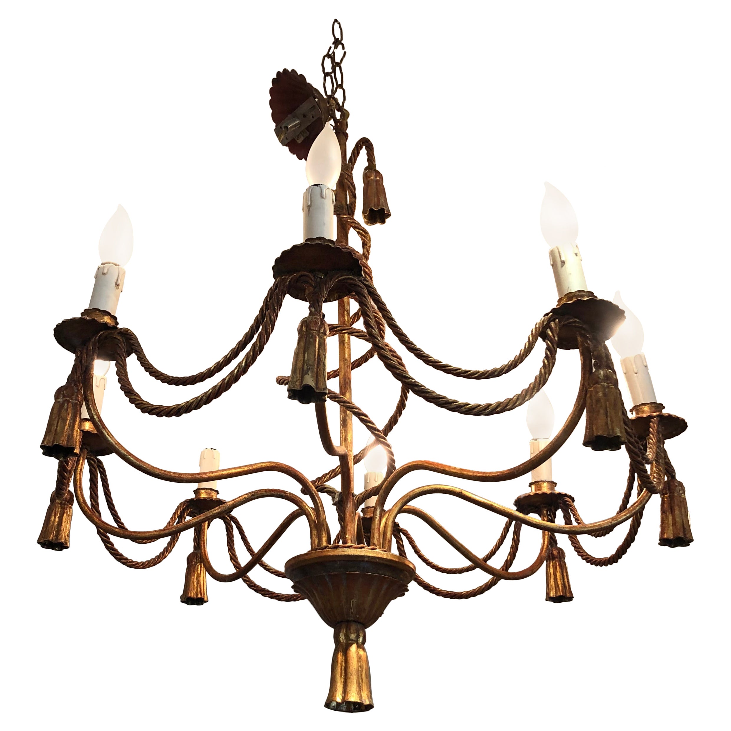 Glamorous Italian Giltiron Chandelier with Tassels