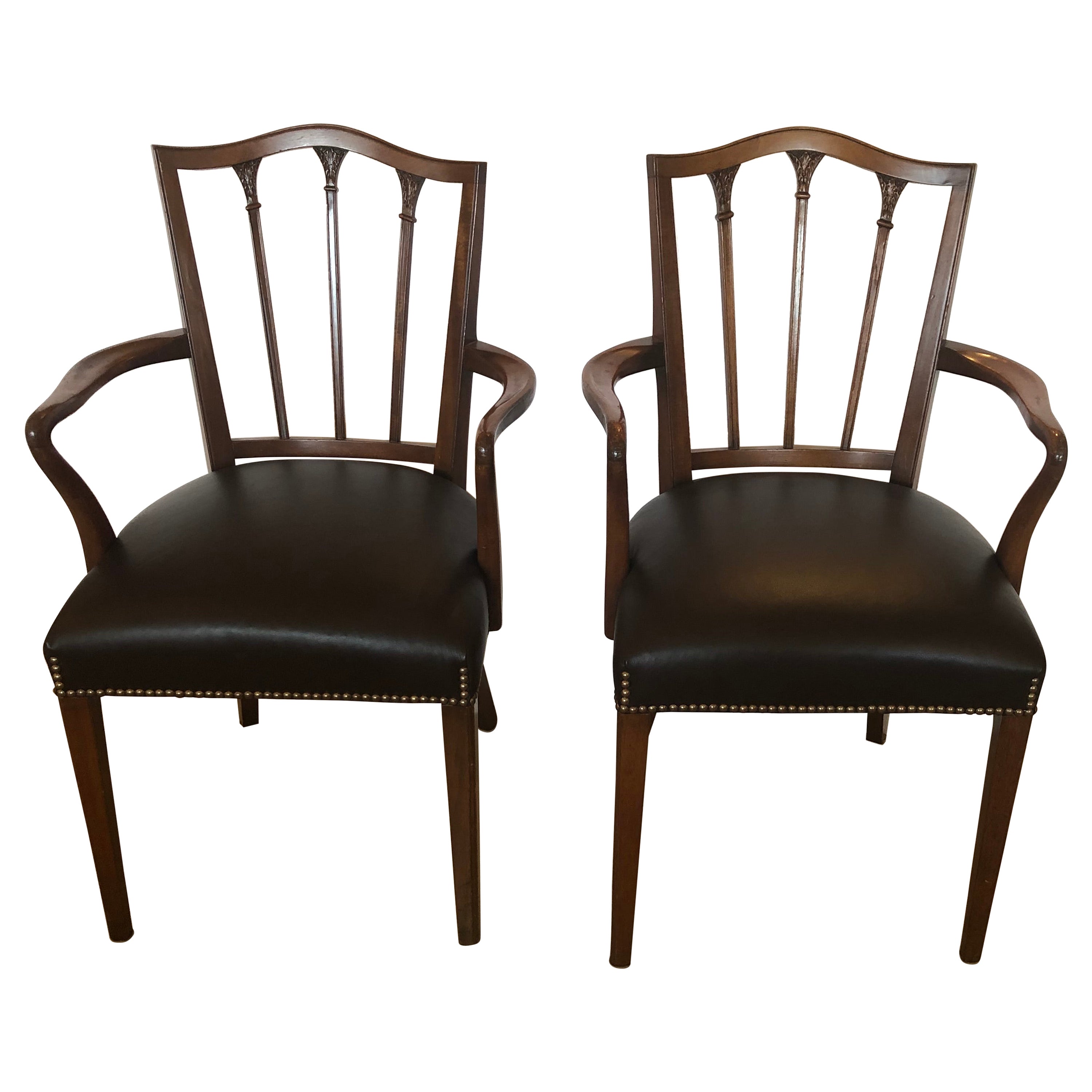 Elegant Pair of Regency Style Mahogany & Chocolately Leather Armchairs