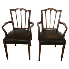 Antique Elegant Pair of Regency Style Mahogany & Chocolately Leather Armchairs