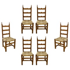 1970s Spanish Set Consisting of Six Pine Chairs with Bulrush Seat 