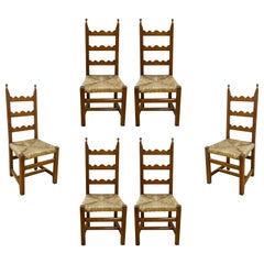 1970s Spanish Set Consisting of Six Pine Chairs with Bulrush Seat