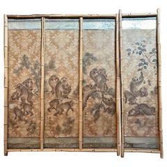 Set di quattro pannelli italiani vintage con scimmie in cornici di bambù