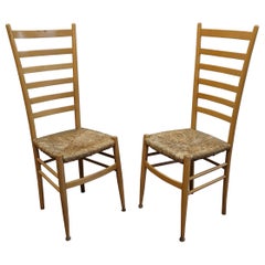 Mid Century Pair Ladder Back Rush Chairs after Gio Ponti