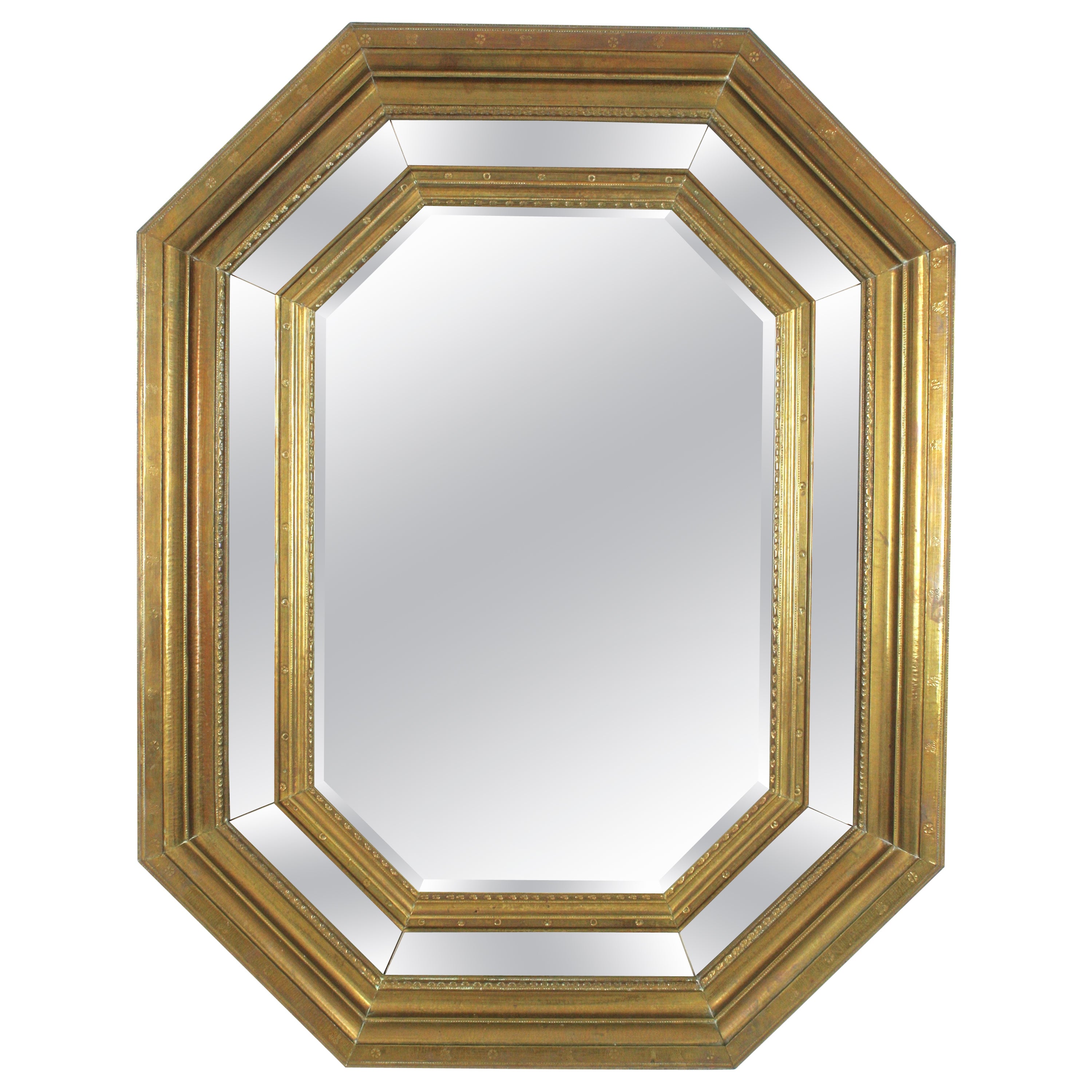 Midcentury Octagonal Mirror in Brass with Smoked Mirror Detail