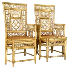 Mid-20th Century Chinoiserie Coastal Rattan Fretwork Throne Arm Side Chairs-Pair