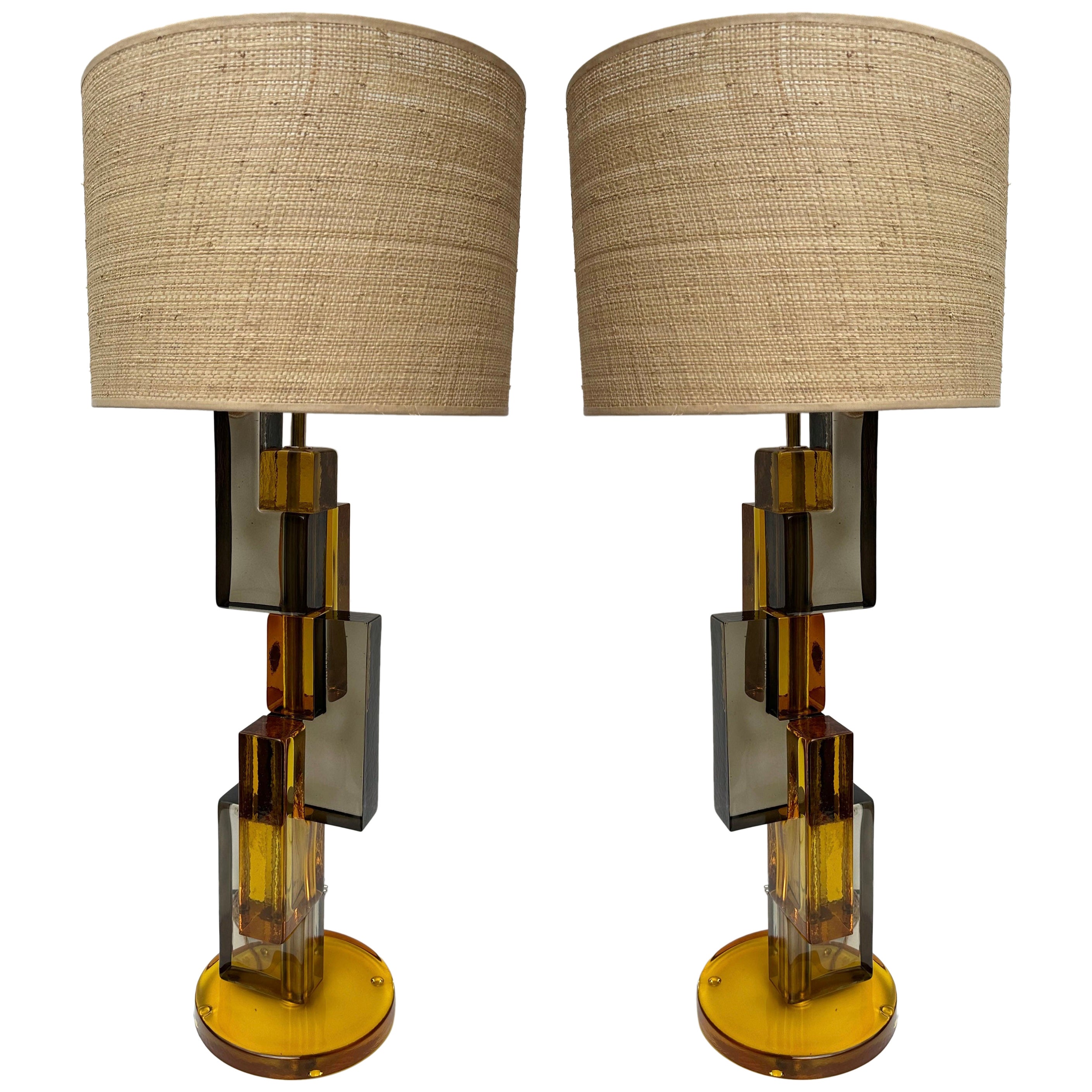 Contemporary Pair of Lamps Amber Smoke Cubic Murano Glass and Brass, Italy