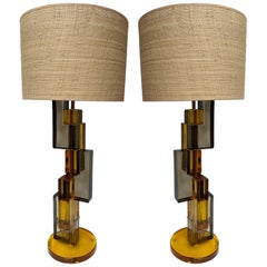 Contemporary Pair of Lamps Amber Smoke Cubic Murano Glass and Brass, Italy