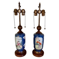 Antique  Kang Xi Blue Gilt Vase Lamps