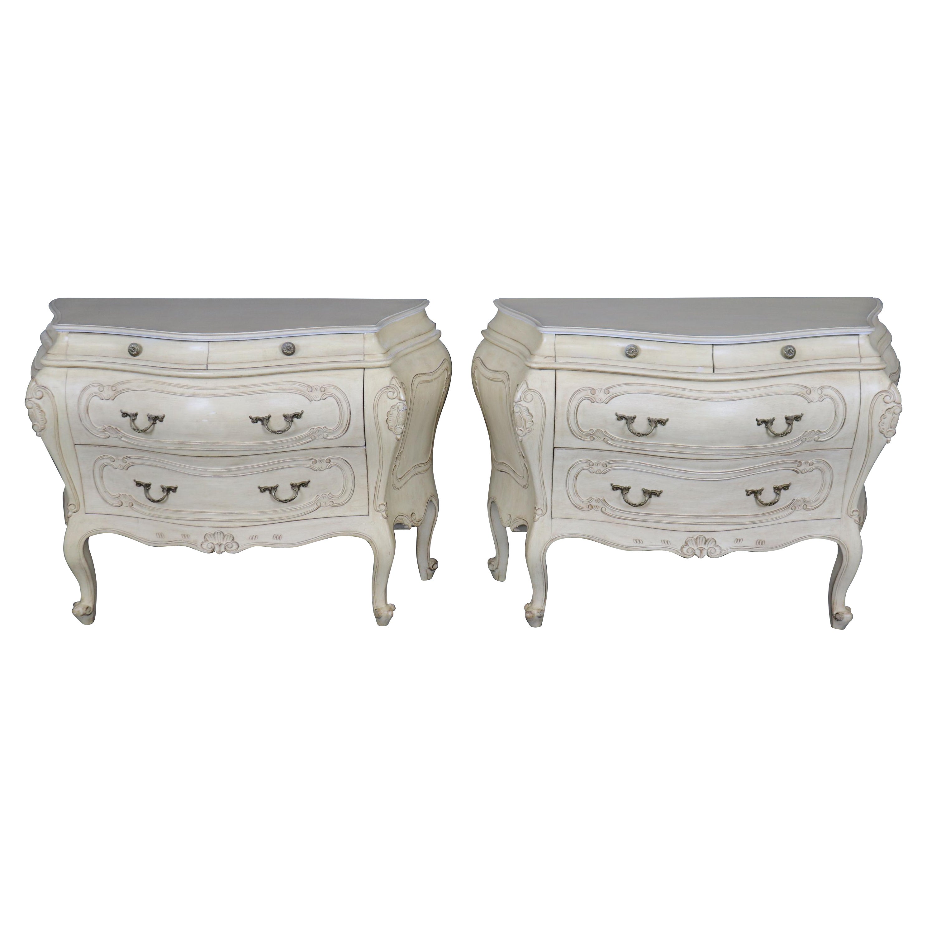 Pair of Fantastic French Rococo Bombe Distressed Off-white Painted Commodes