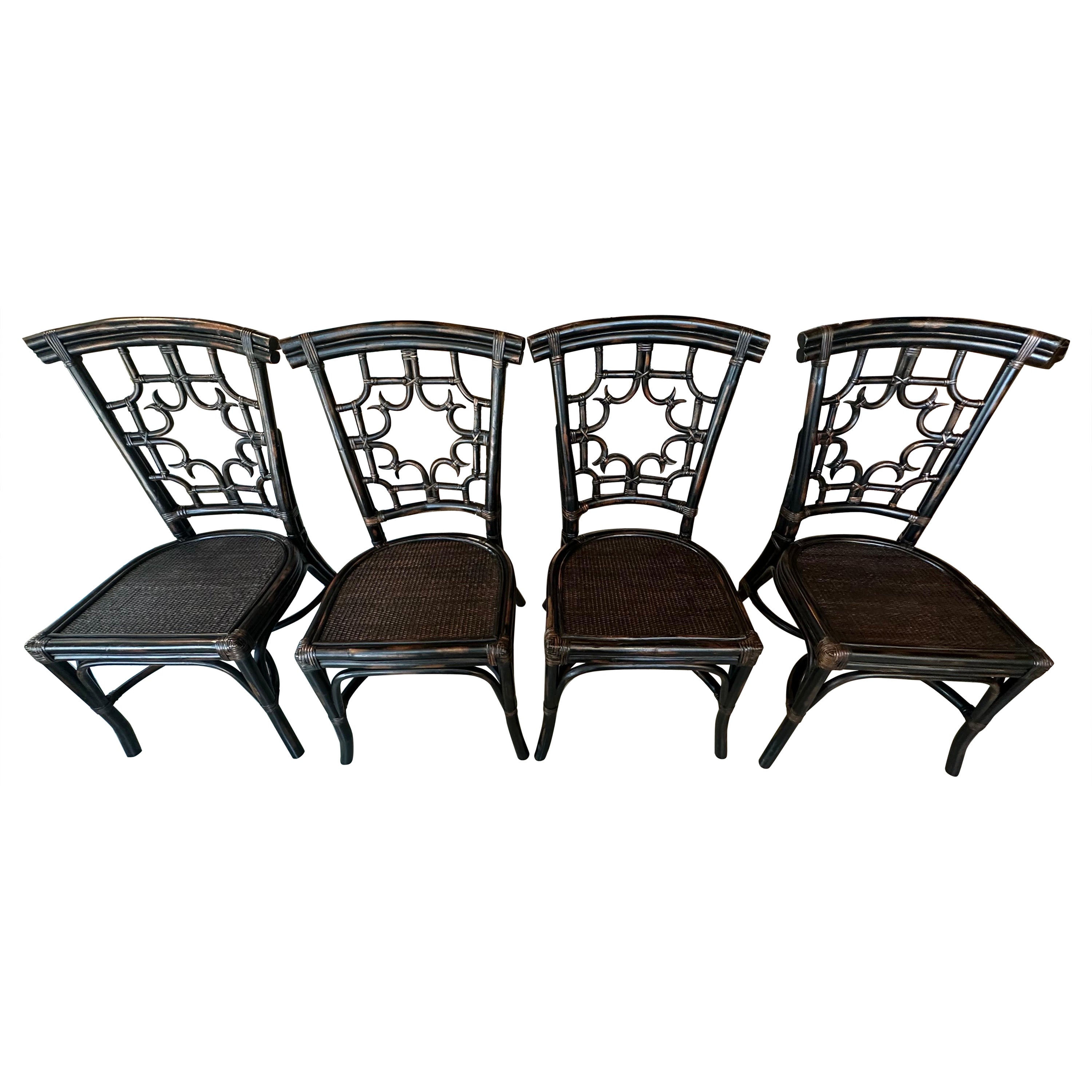 Set 4 Vintage Woven Rattan Chippendale Fretwork Fret Side Dining Chairs For Sale