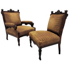 Antique Renaissance Revival Carved Parlor Chairs Newly Upholstered - Pair