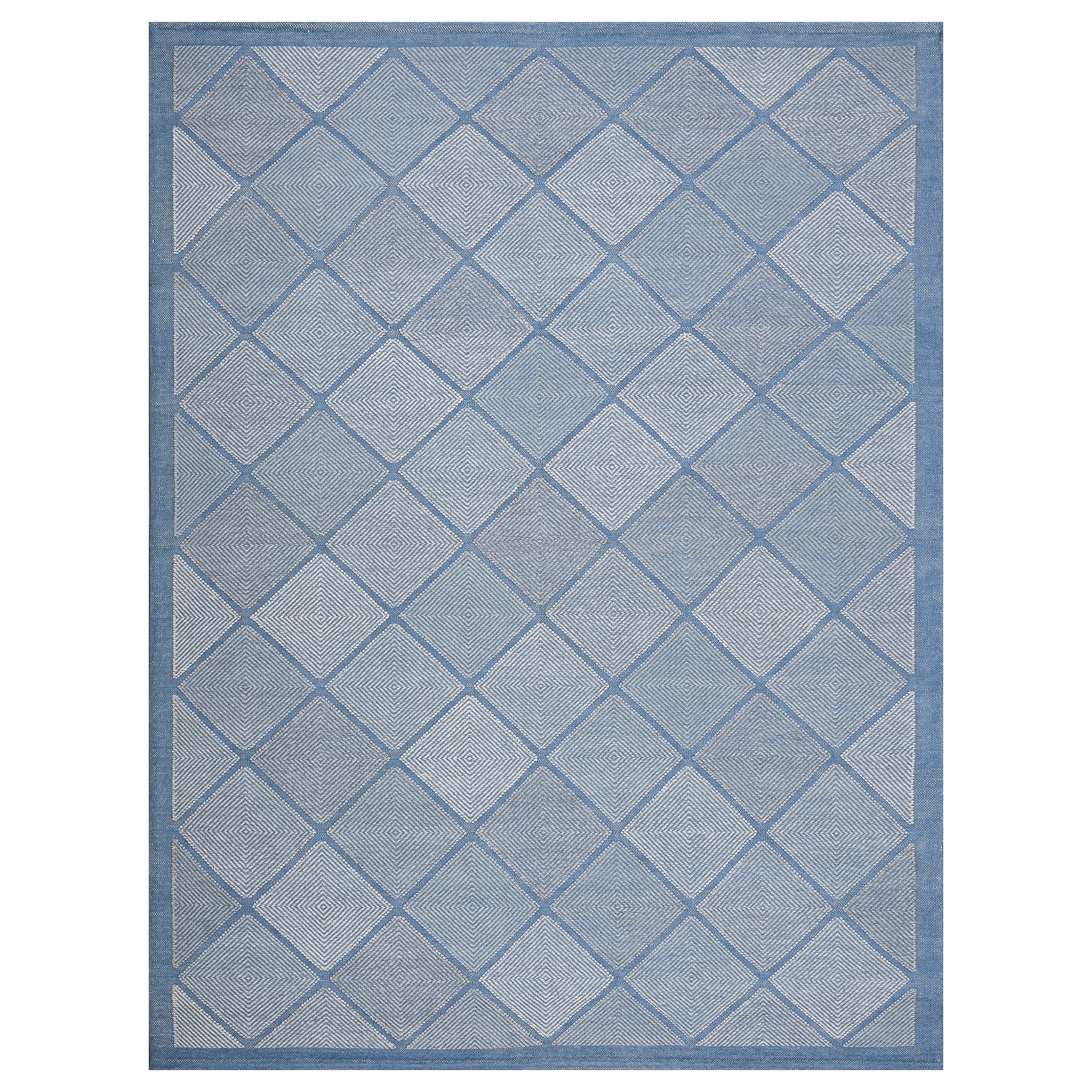 Contemporary Hand-Knotted Swedish-Inspired Blue Wool Rug