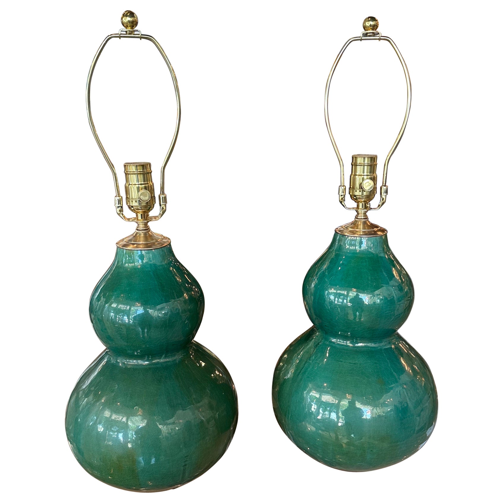 Vintage Pair Gourd Green Crackle Glaze Porcelain Table Lamps Newly Wired Brass