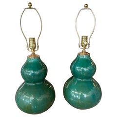 Vintage Pair Gourd Green Crackle Glaze Porcelain Table Lamps Newly Wired Brass 