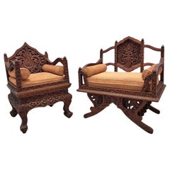 Antique Thai Howdah Hand-Carved Rosewood Ornate Saddle Chairs - Set of 2