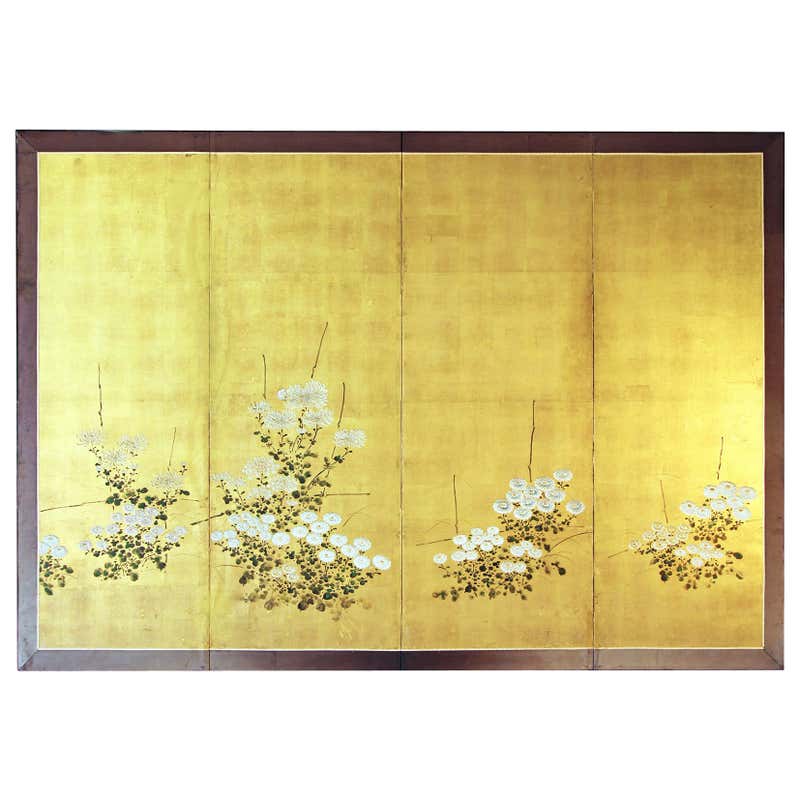Chinese Rice Paper Screen 19th Century Japanese Landscape Folding Screen Rice Paper and Gold ...