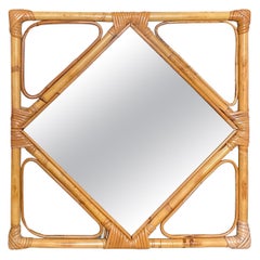 Vintage Rattan Square Diamond Mirror, 70’s