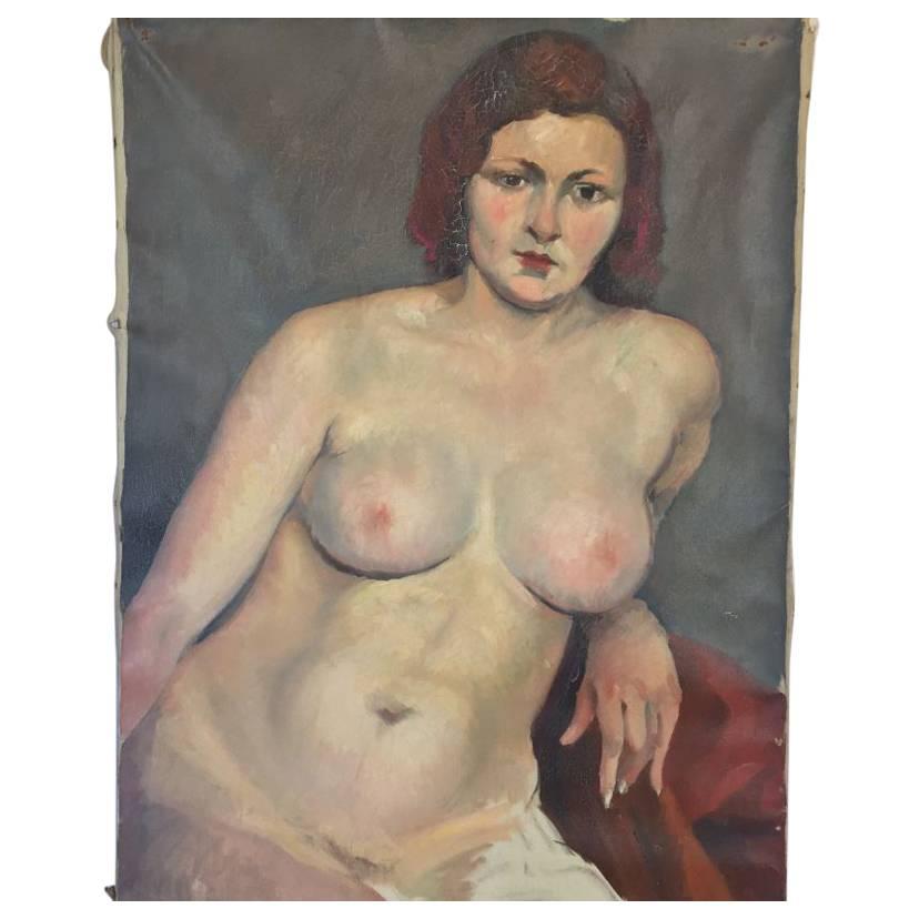 Peinture vintage de nu à l'huile sur toile par Savignol, circa 1930