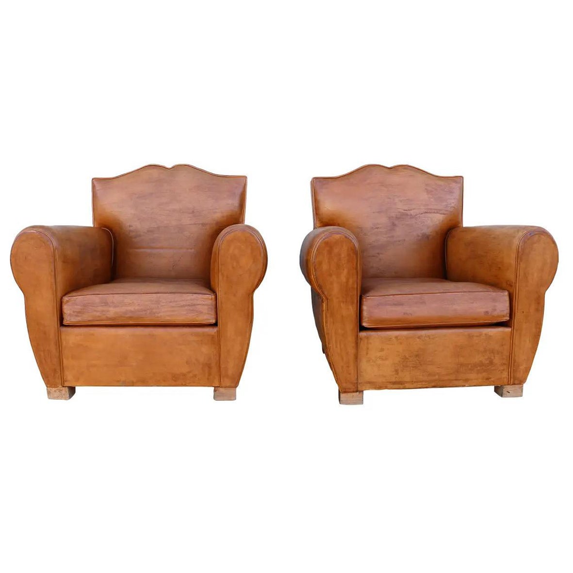 Pair of Art Deco French Leather Mustache Back Lounge Chairs
