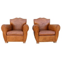 Pair of Art Deco French Leather Mustache Back Lounge Chairs