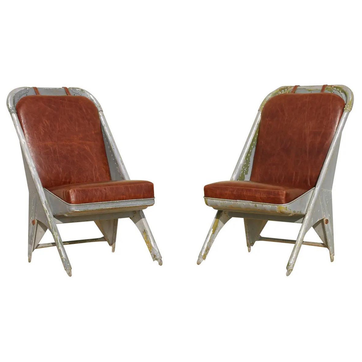 Vintage Leather Airplane Chairs With Riveted Aluminum & Leather Cushions