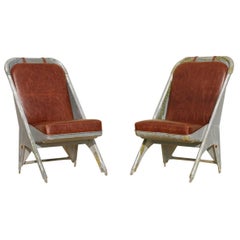 Vintage Leather Airplane Chairs With Riveted Aluminum & Leather Cushions