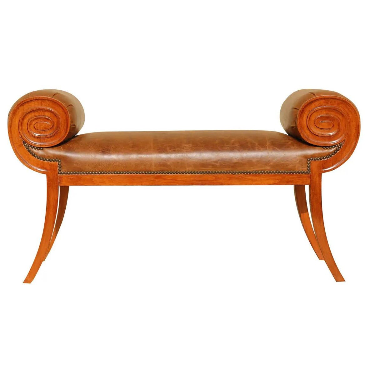 Vintage Late 20th Century Hollywood Regency Rolle Arms Flared Bench