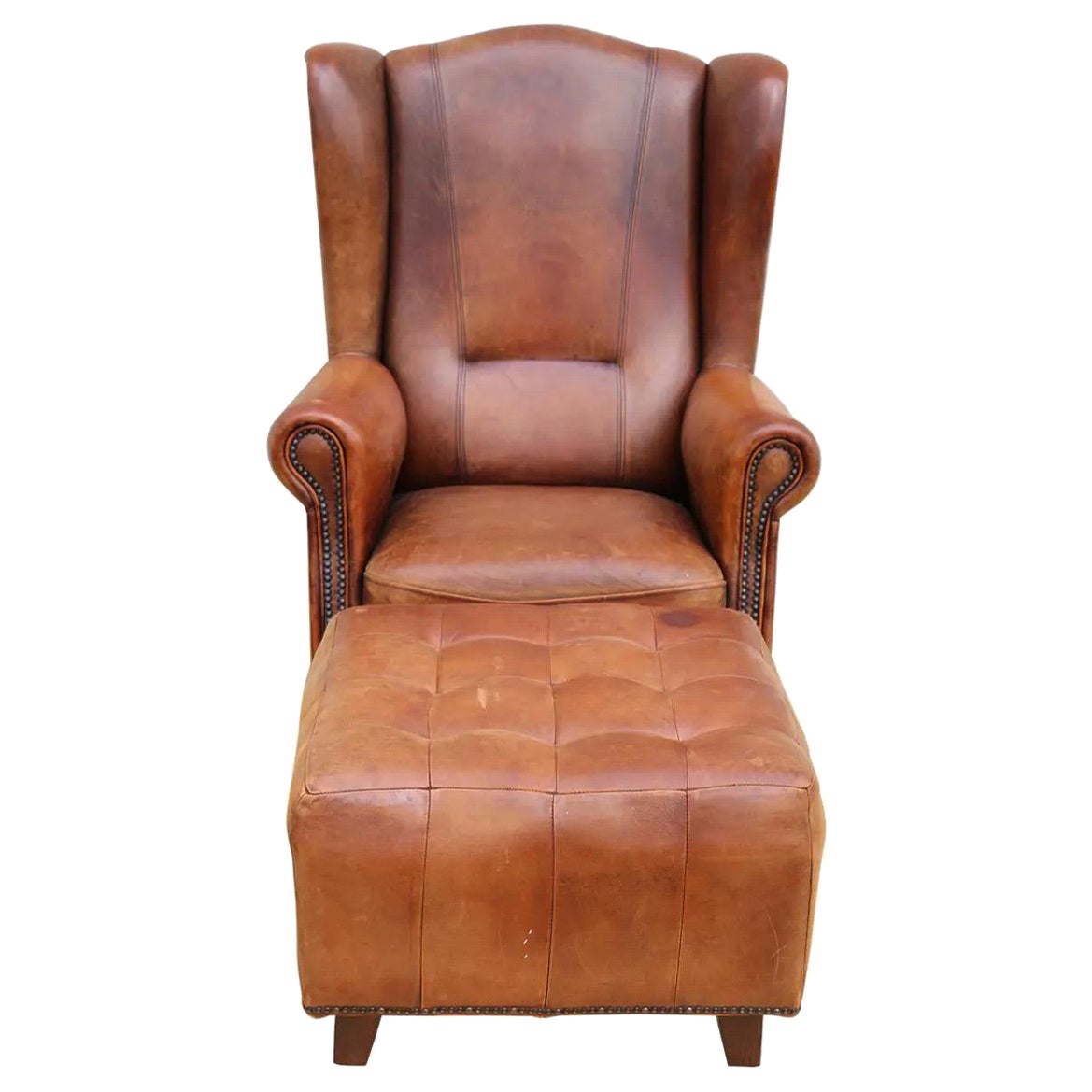 Vintage Wing Back Club Chair With Ottoman in Sheep Leather