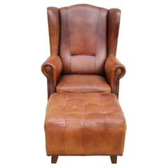 Vintage Wing Back Club Chair With Ottoman in Sheep Leather