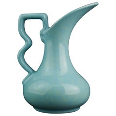 Antique Gonder Pottery Bud Vase Ewer in Blue and Pink Glaze 1940s-1950s
