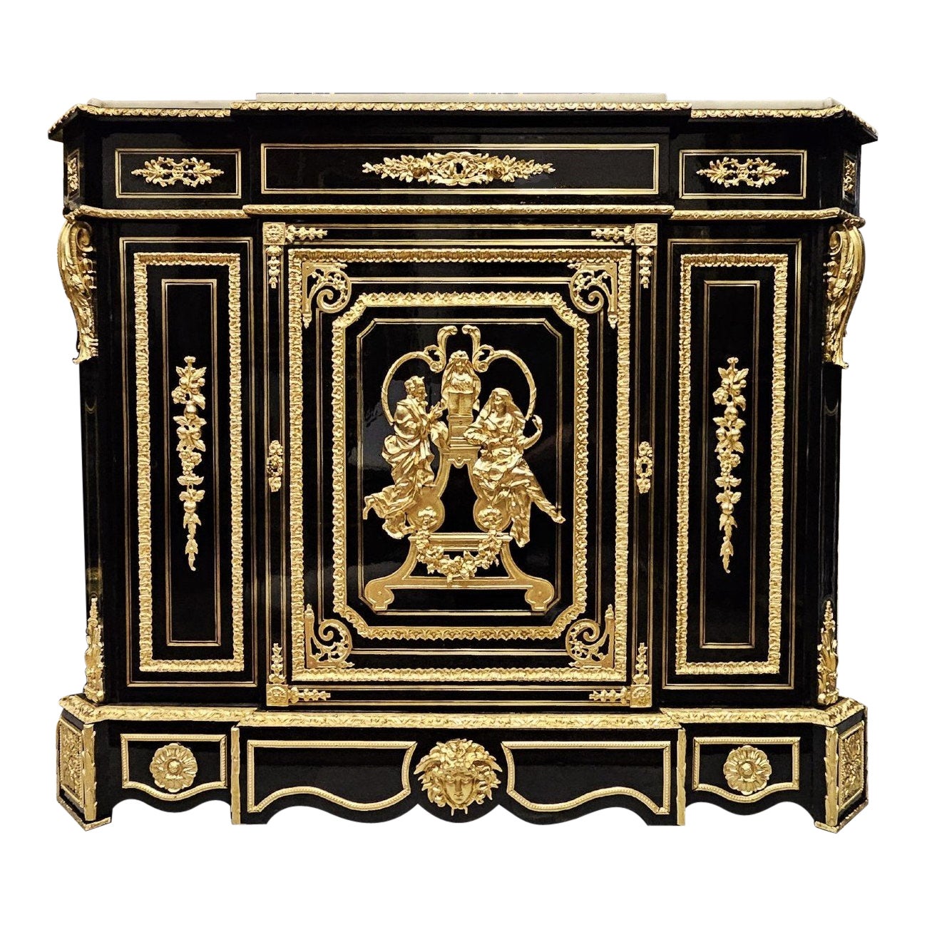 Befort Jeune Napoleon III French Black Gold Bronze Marble Cabinet 19th Cent