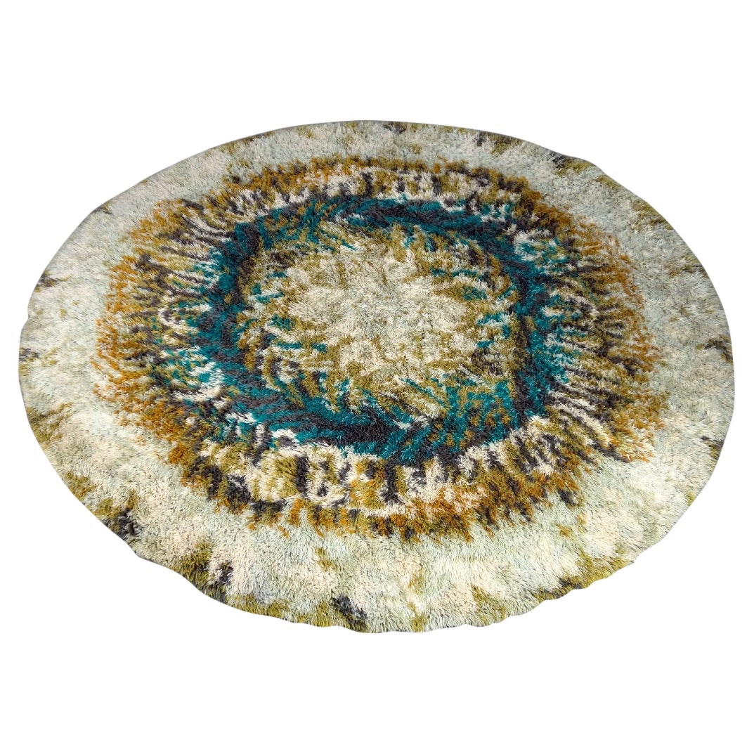 Vintage Circular beige, brown and turquoise Wool Rya Rug