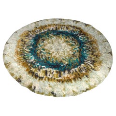Tapis Rya circulaire vintage en laine beige, marron et turquoise