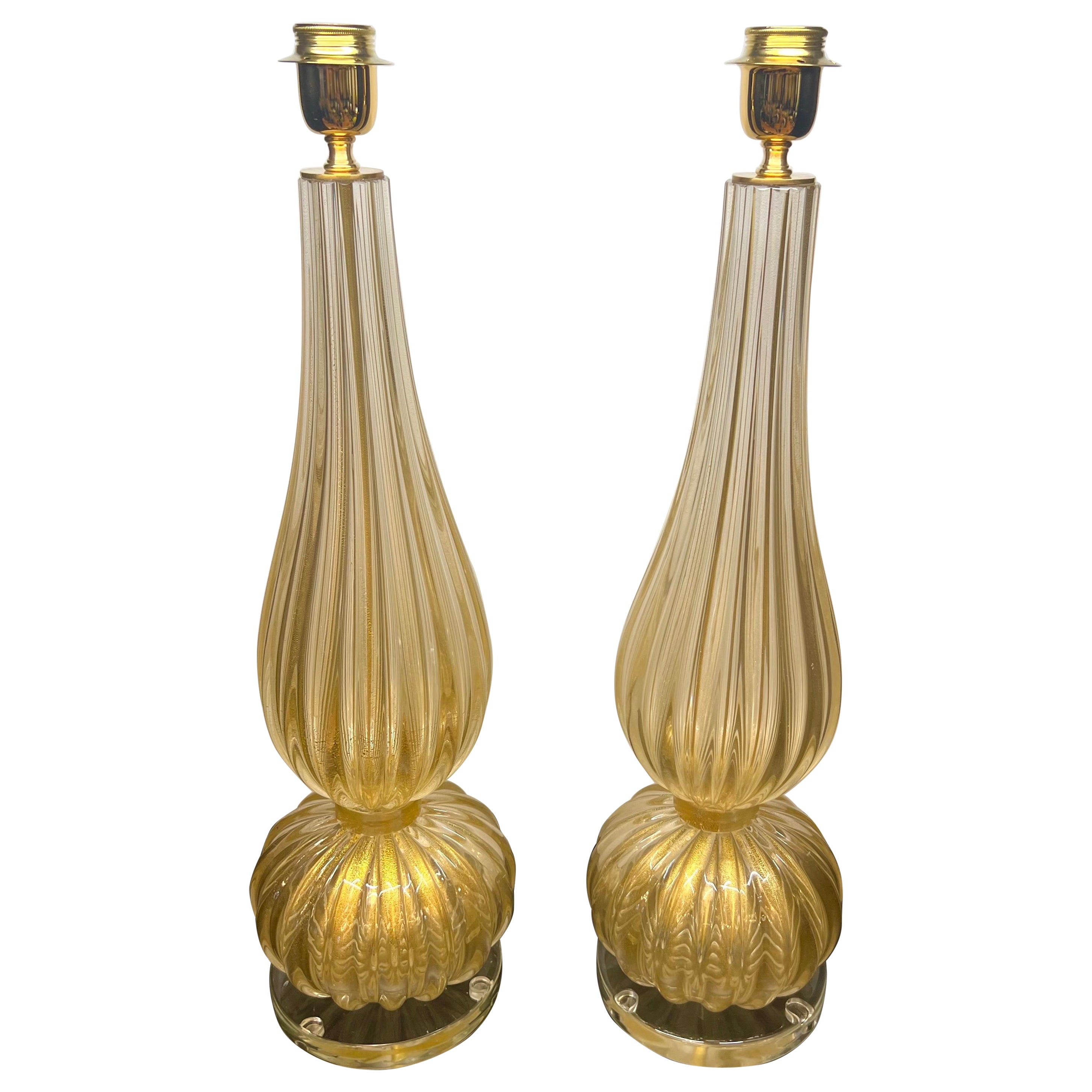 Alberto Donà Modernité du milieu du siècle Feuille d'or 24kt Deux lampes de table en verre Murano 2024 en vente