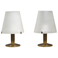 Vintage Pair of Italian Brass Table Lamps with Frosted Glass Shades, 1970s