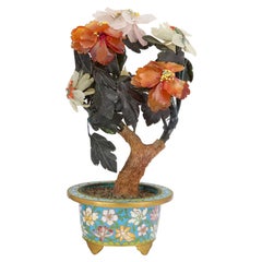 Vintage Chinese Hardstone Flower Model in a Cloisonné Enamel Flowerpot