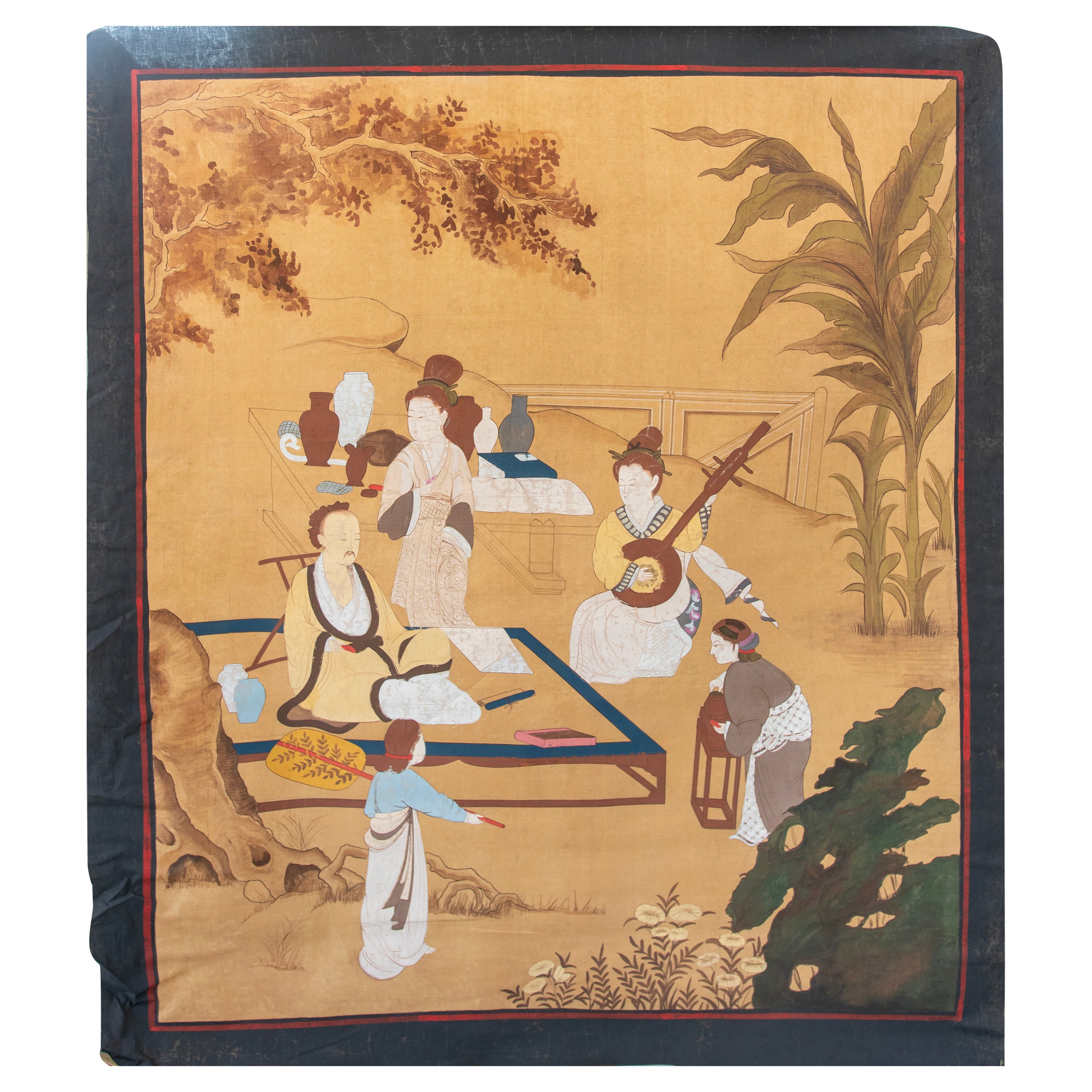 Japanese Folk  Scene Playing Instruments Painted on Canvas 