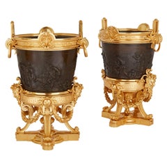 Pair of Antique Gilt and Patinated Bronze Jardinières by Barbedienne