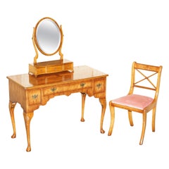 LOVELY Vintage ENGLISH BURR WALNUT DRESSING TABLE, MIRROR AND SiDE CHAIR