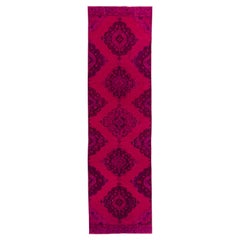 Vintage 3.3x11.4 Ft Hand Knotted Runner Rug in Pink, Modern Turkish Carpet for Hallway