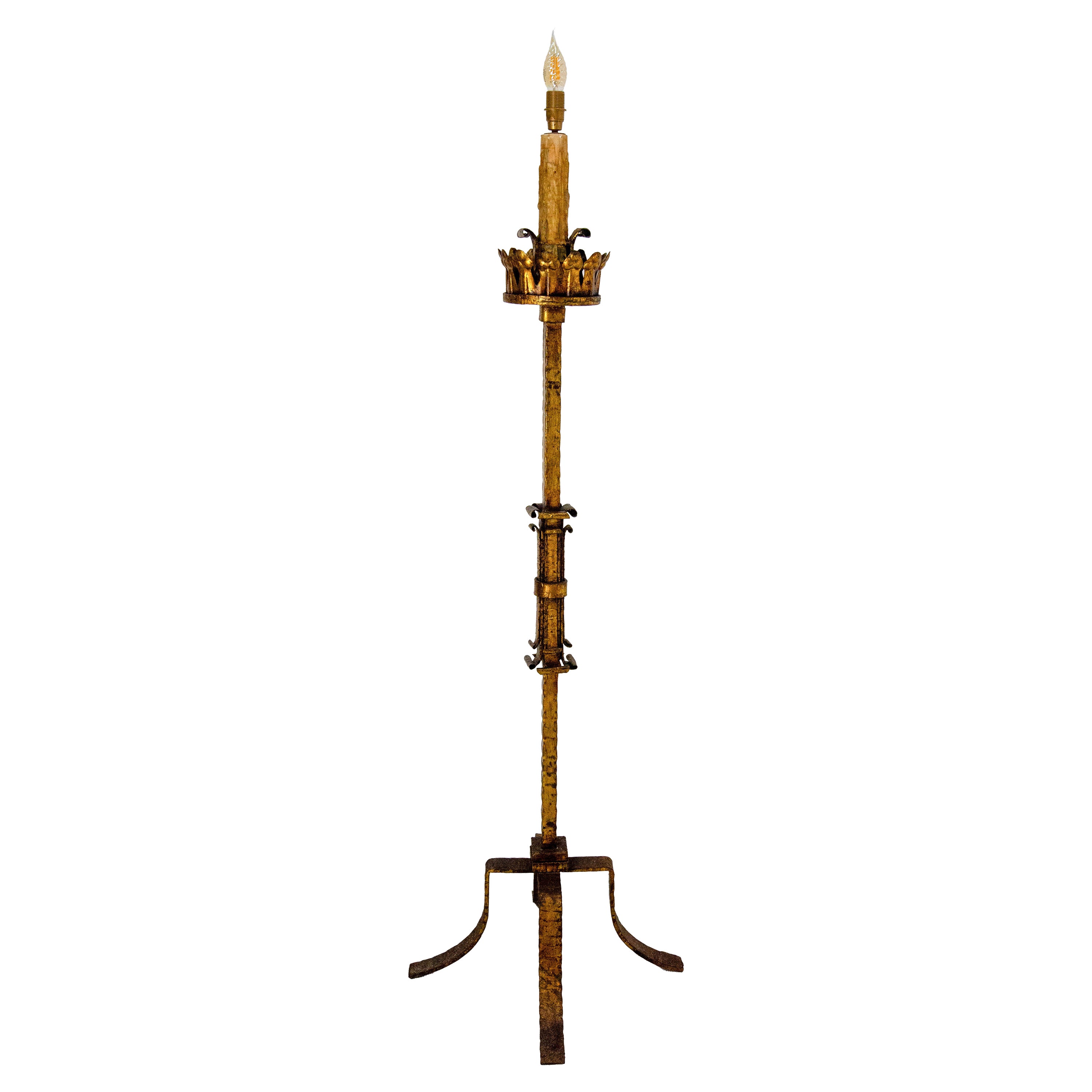 Golden Wrought Iron Floor Lamp Lantern Antique Chandelier, French, circa 1960 For Sale