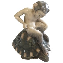 Antique Royal Copenhagen Figurine of a Faun on a Turtle #1880 by Knud Kyhn